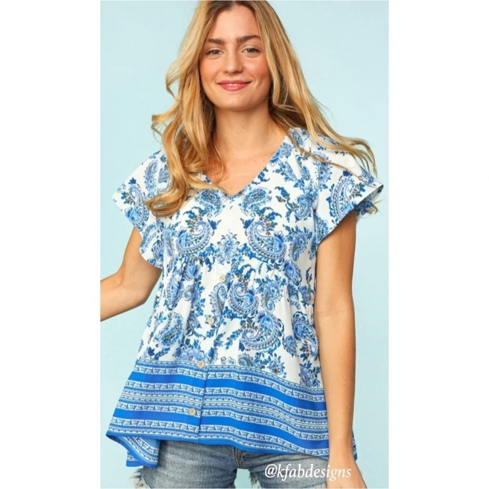 LAST 1! V Neck Blue Flutter Sleeve Paisley Boho Top! - Picture 2 of 9